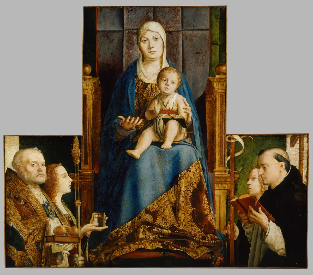 Maria mit Kind und den hll. Nikolaus von Bari, Anastasia (?), Ursula, Dominikus und (vom Rahmen überschnitten) Helena
