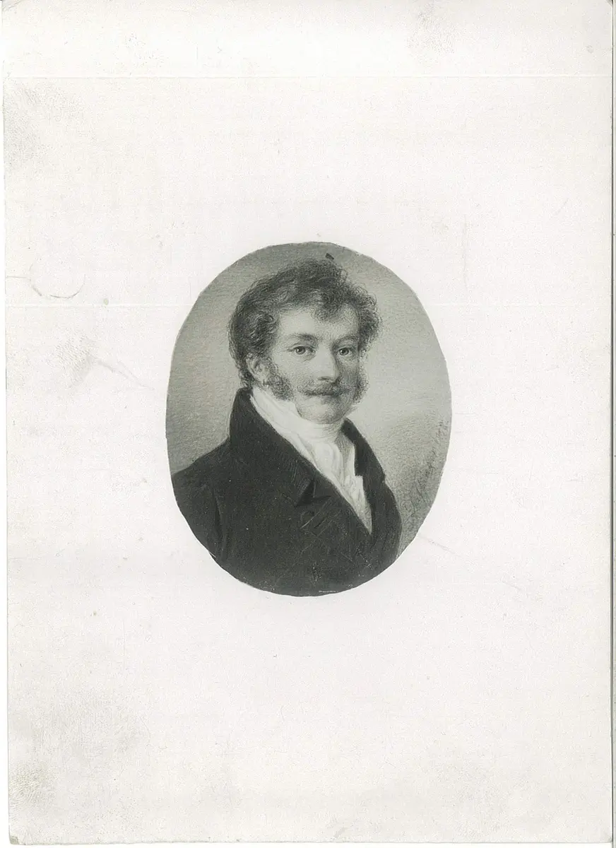 Moritz Michael Daffinger, Selbstbildnis (Reproduktion) mit rückseitigem Gutachten von Heinrich Leporini