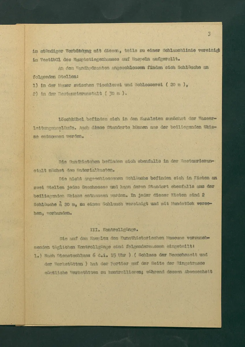 Entwurf einer Feuerlöschordnung für das Kunsthistorische Museum, 1926