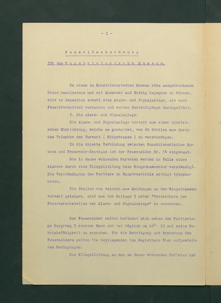 Feuerlöschordnung für das Kunsthistorische Museum, 1927