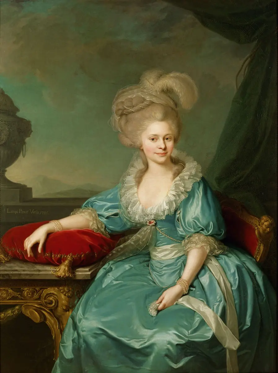 Elisabeth Wilhelmine von Württemberg (1767-1790), 1. Gemahlin von Franz II. (I.), an einem Tisch sitzend, Kniestück