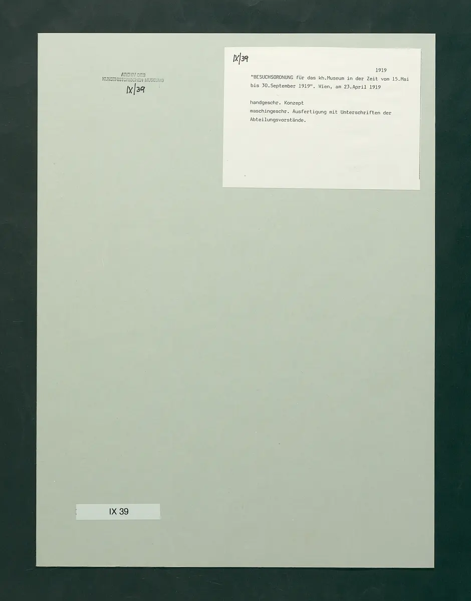 Besuchsordnung des Kunsthistorischen Museums für den Sommer 1919