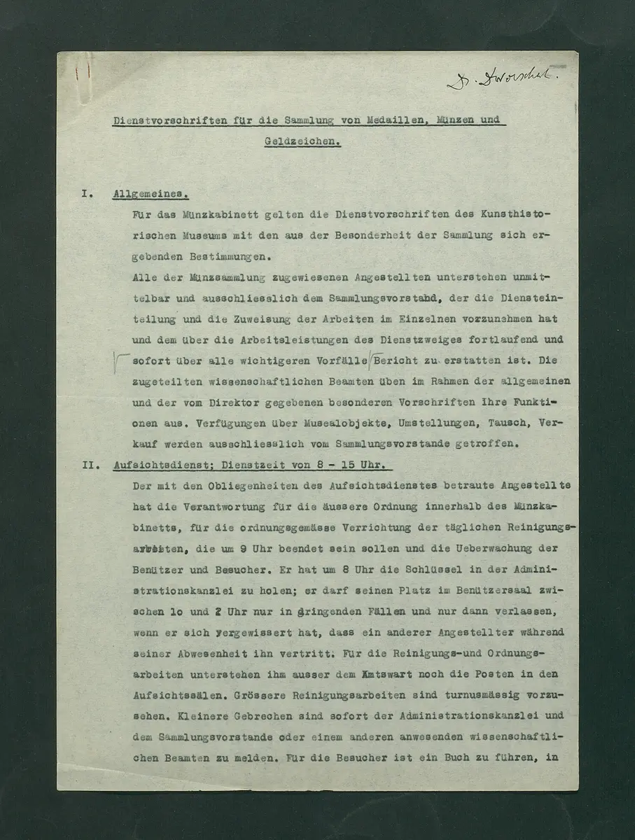 Dienstvorschriften für die Sammlung von Medaillen, Münzen und Geldzeichen