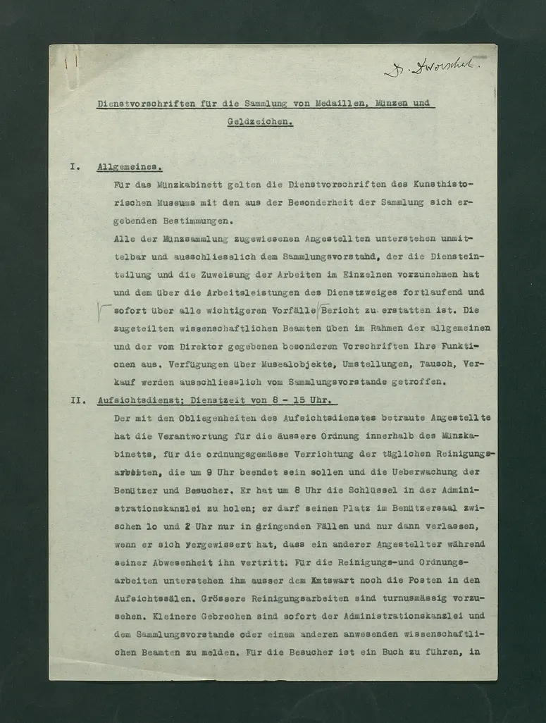 Dienstvorschriften für die Sammlung von Medaillen, Münzen und Geldzeichen