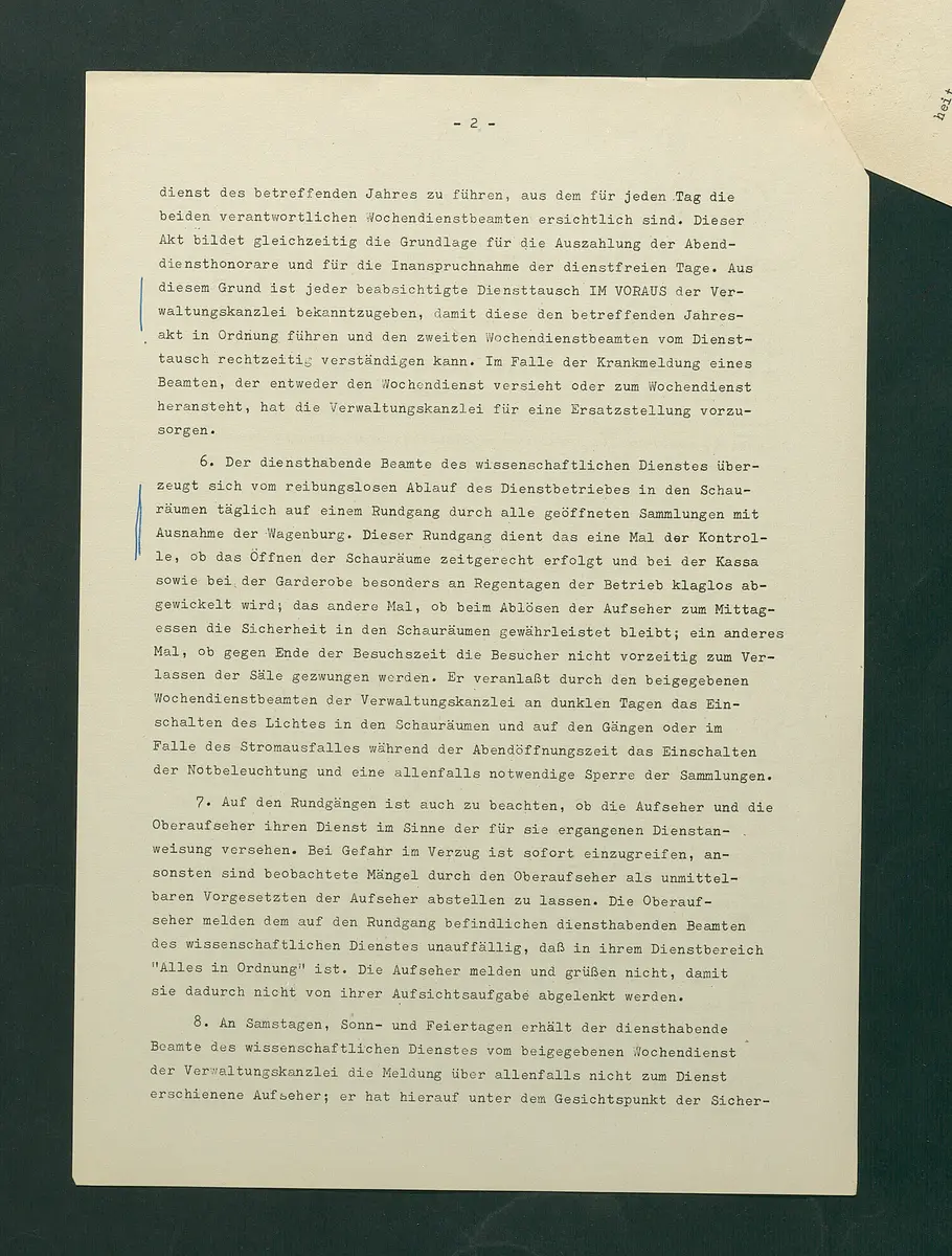 Dienstanweisungen für Postenaufseher, Portiere, die Telephonzentrale, Oberaufseher, Nachtportiere und Nachtaufseher, für den Wochendienst der Beamten und der Verwaltungskanzlei