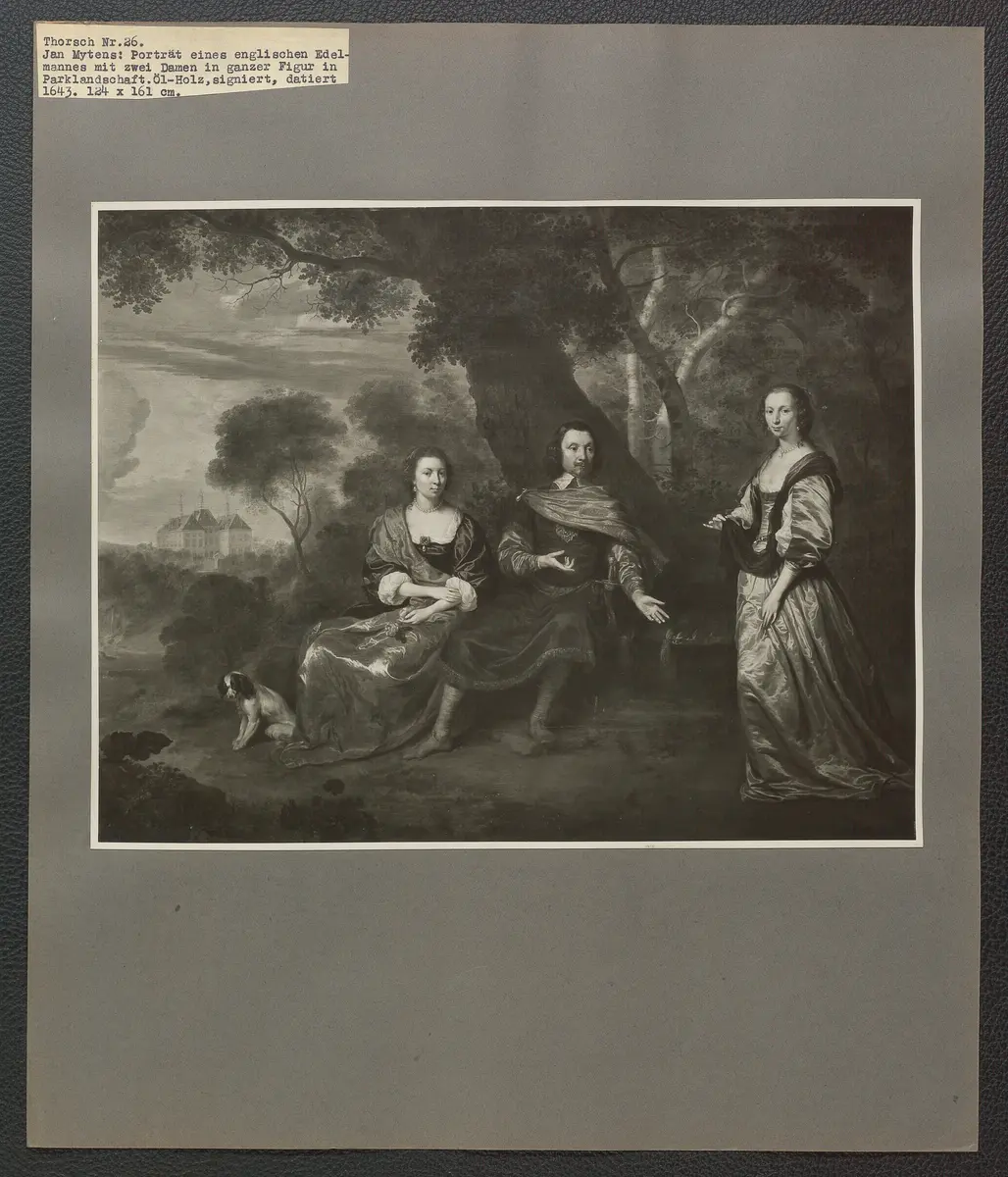 Jan Mytens: Porträt eines englischen Edelmannes mit zwei Damen in ganzer Figur in Parklandschaft. Öl-Holz, signiert, datiert 1634. 124 x 161 cm.