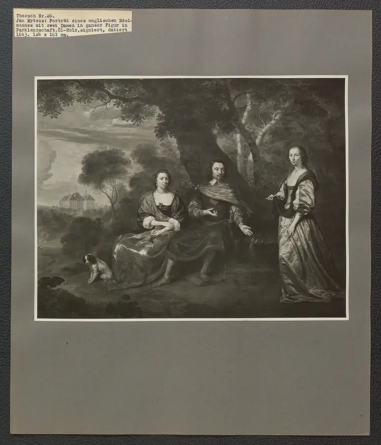 Jan Mytens: Porträt eines englischen Edelmannes mit zwei Damen in ganzer Figur in Parklandschaft. Öl-Holz, signiert, datiert 1634. 124 x 161 cm.