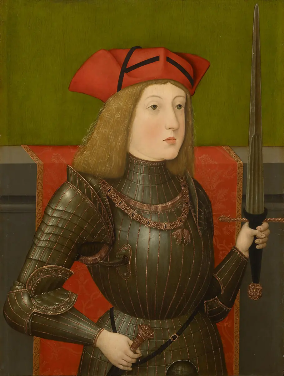 Kaiser Karl V. (1500-1558) im Riefelharnisch mit erhobenem Schwert