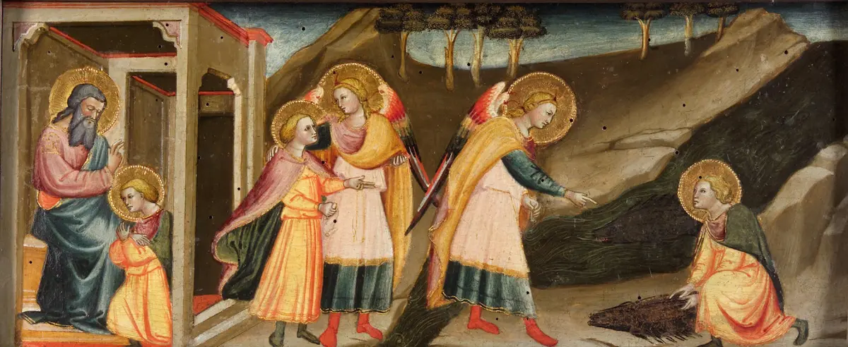 Szenen aus der Geschichte des Tobias (Tobias nimmt Abschied von seinem Vater; Tobias und der Erzengel Raffael auf der Wanderschaft; Tobias entnimmt dem Fisch Herz, Leber und Galle)