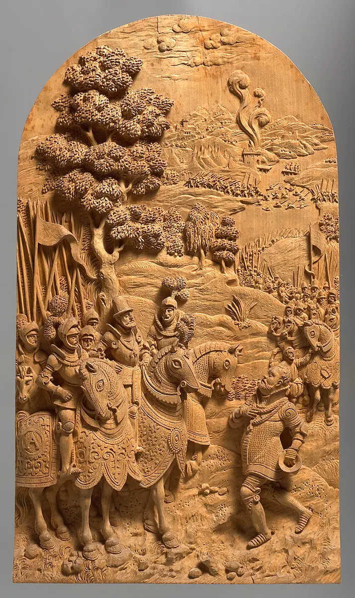 Szene a. d. Schmalkaldischen Krieg, Die Unterwerfung Kurfürst Johann Friedrichs von Sachsen nach der Schlacht b. Mühlberg, 1547; aus einer Serie von 8 Darstellungen der Siege Kaiser Karls V.