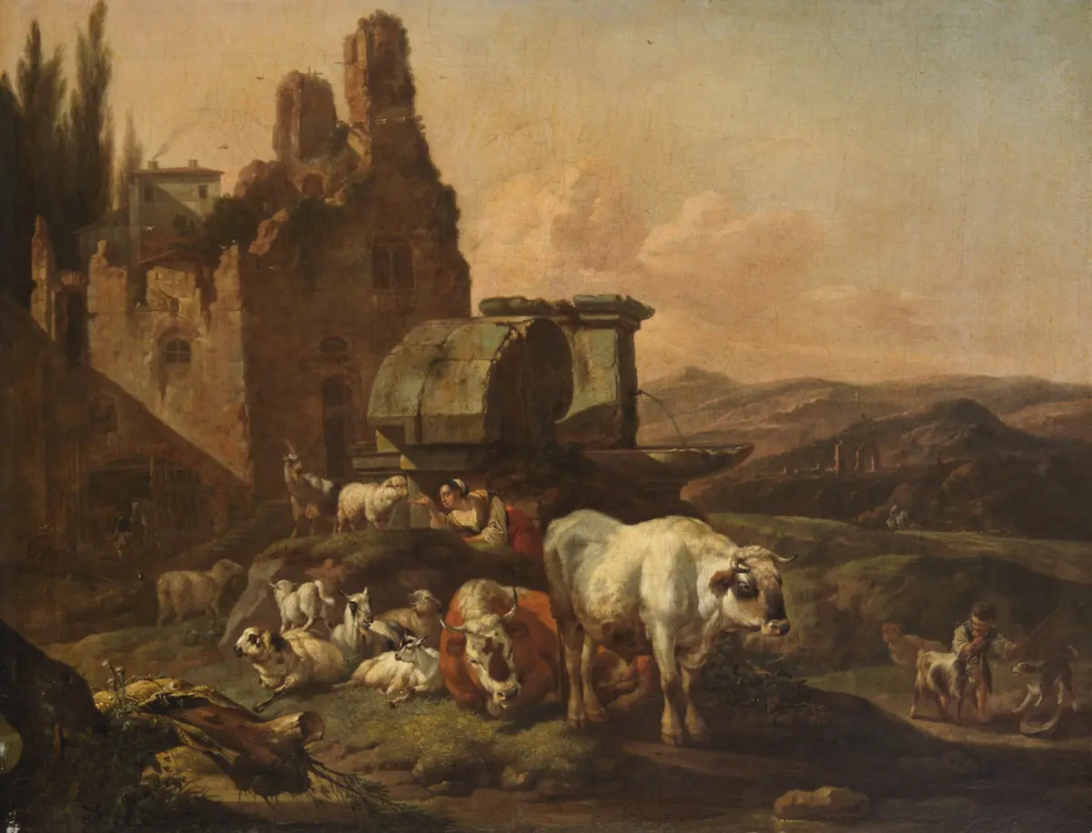 Landschaft mit Tieren an der Tränke