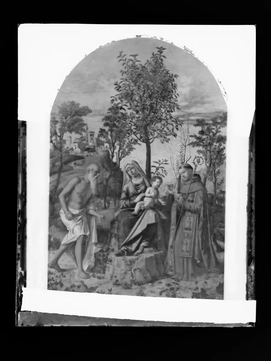 Madonna mit Kind unter einem Baum sitzend umgeben vom Hl. Hieronymus und einem Bischof