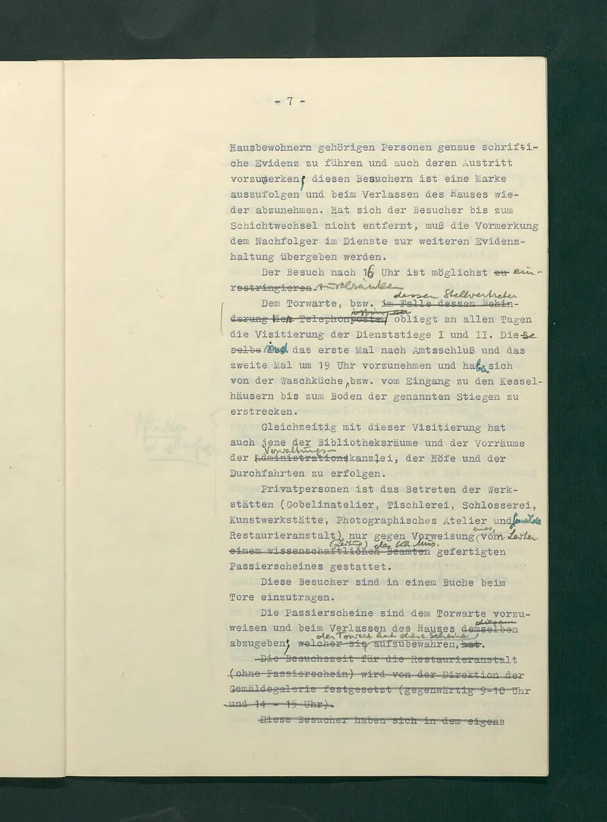 Dienstbestimmungen für das Aufsichtspersonal in den Sammlungen mit Anmerkungen und Korrekturen