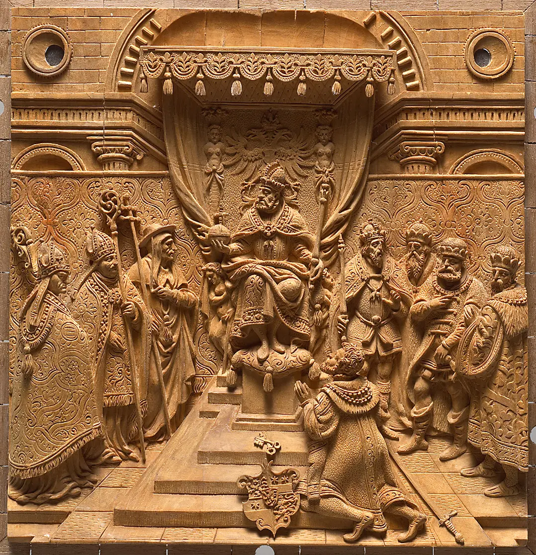 Szenen a.d. Schmalkald. Krieg, Unterwerfung d. Landgrafen v. Hessen , 1547; aus einer Serie von 8 Darstellungen der Siege Kaiser Karls V.