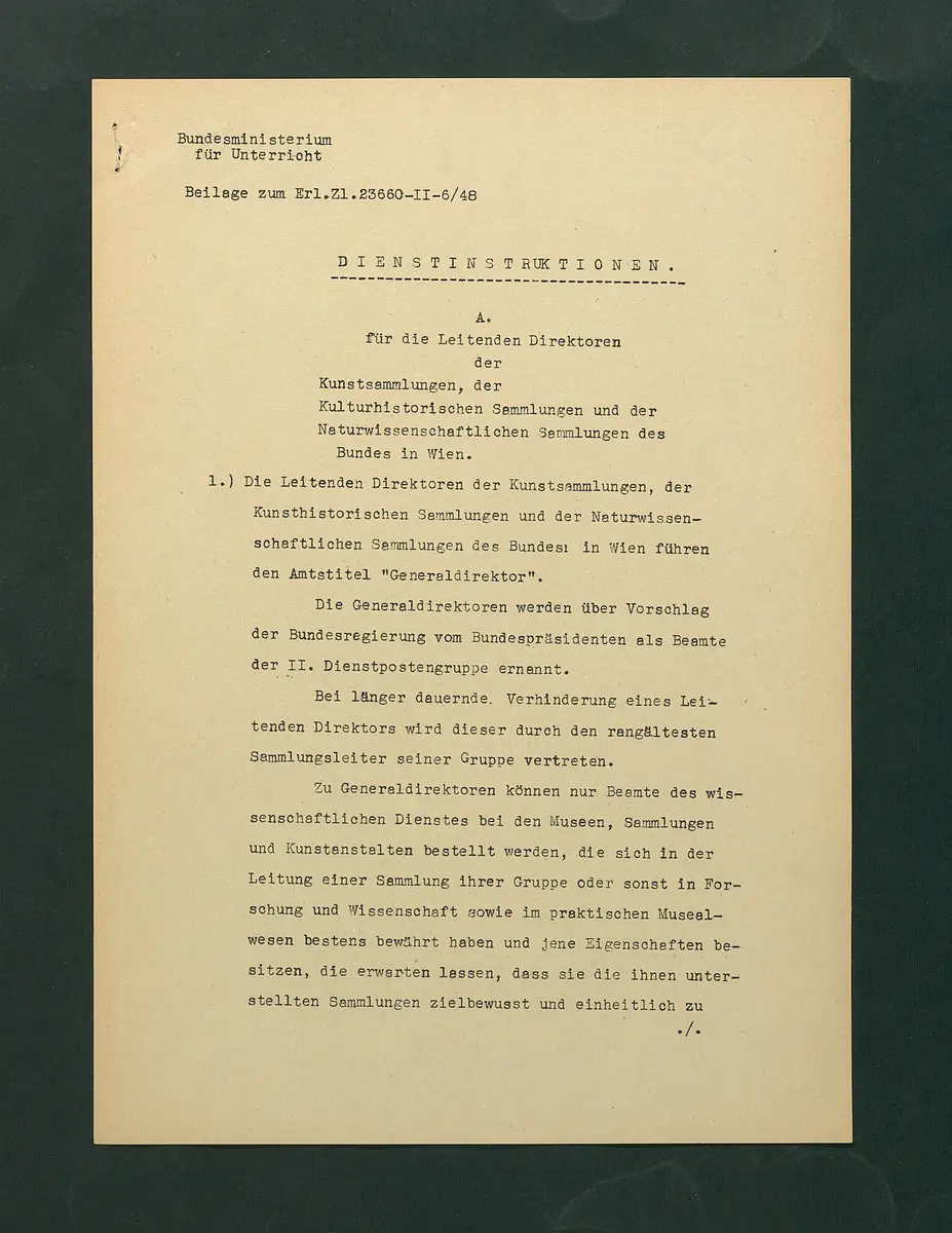 Dienstinstruktionen für die Direktoren der Kunstsammlungen, der Kulturhistorischen Sammlungen und der Naturwissenschaftlichen Sammlungen des Bundes in Wien