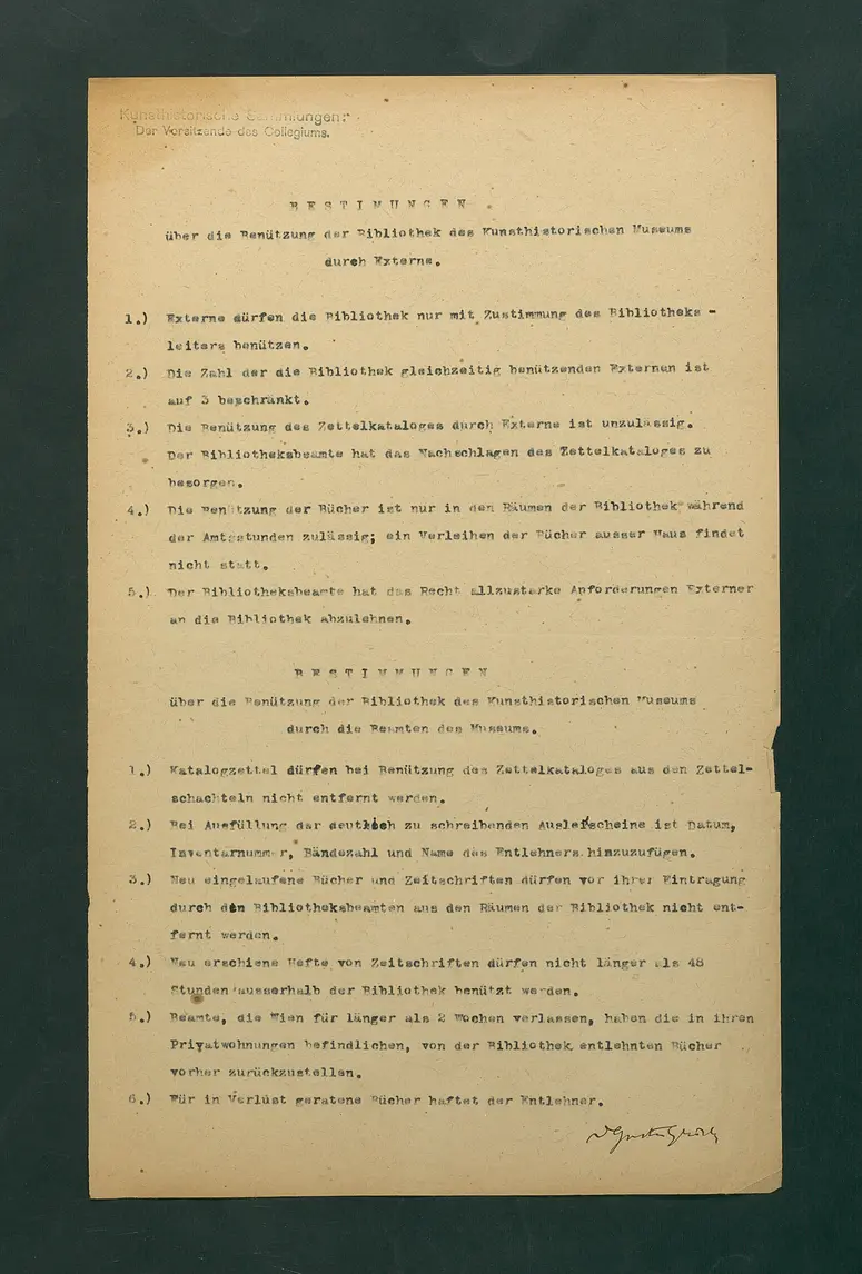 Bestimmungen über die Benutzung der Bibliothek des Kunsthistorischen Museums durch Externe und durch Beamte des Museums