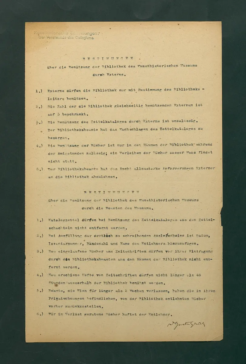 Bestimmungen über die Benutzung der Bibliothek des Kunsthistorischen Museums durch Externe und durch Beamte des Museums