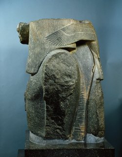 Oberteil einer Königsstatue (Sethos I. ?) mit dem Horusfalken