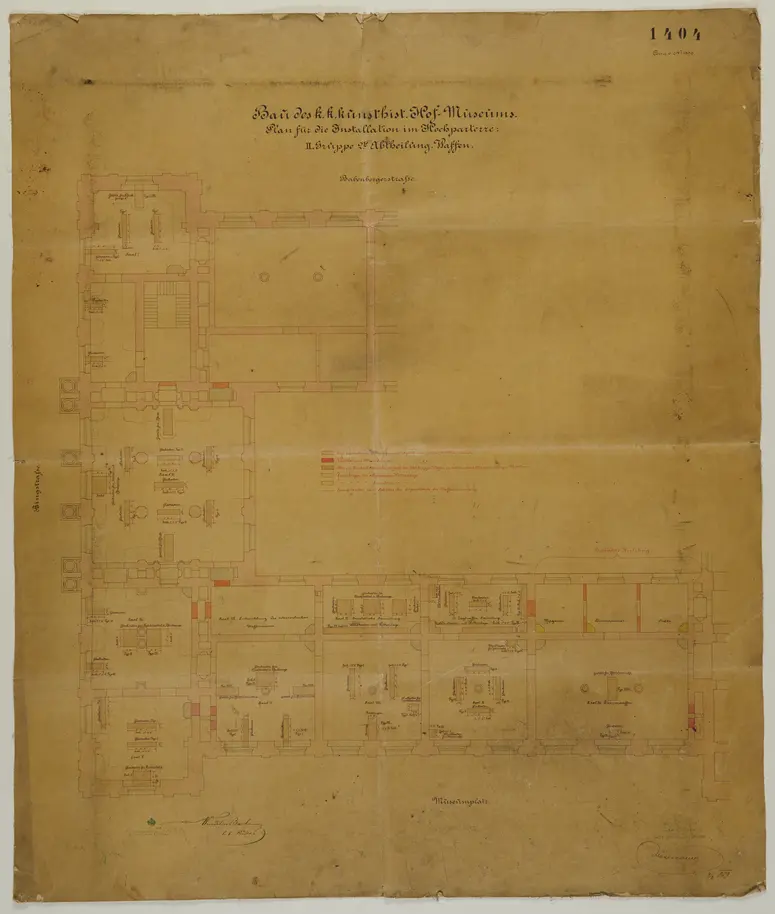 Bau des k. k. Kunsthistorischen Hofmuseums. Plan für die Installation. Hochparterre. II. Gruppe. 2. Abteilung. Waffen