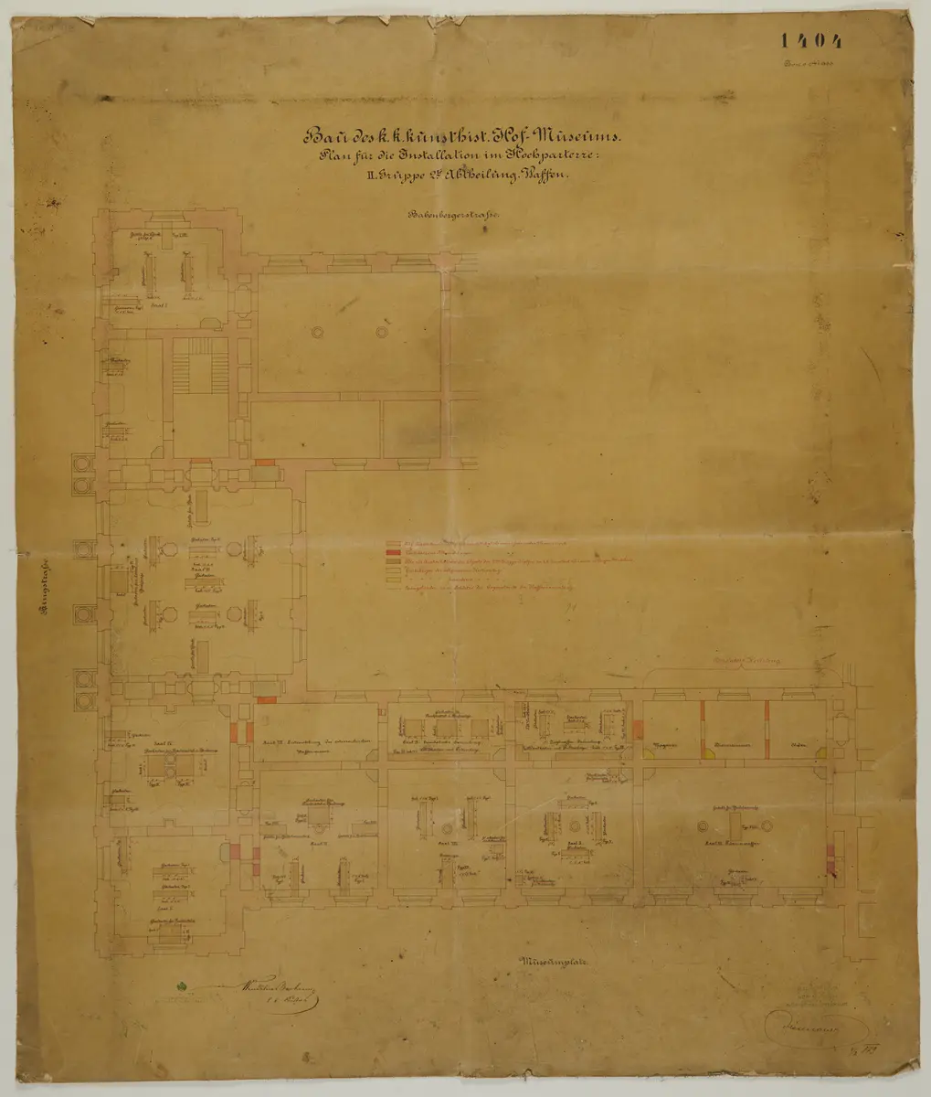 Bau des k. k. Kunsthistorischen Hofmuseums. Plan für die Installation. Hochparterre. II. Gruppe. 2. Abteilung. Waffen