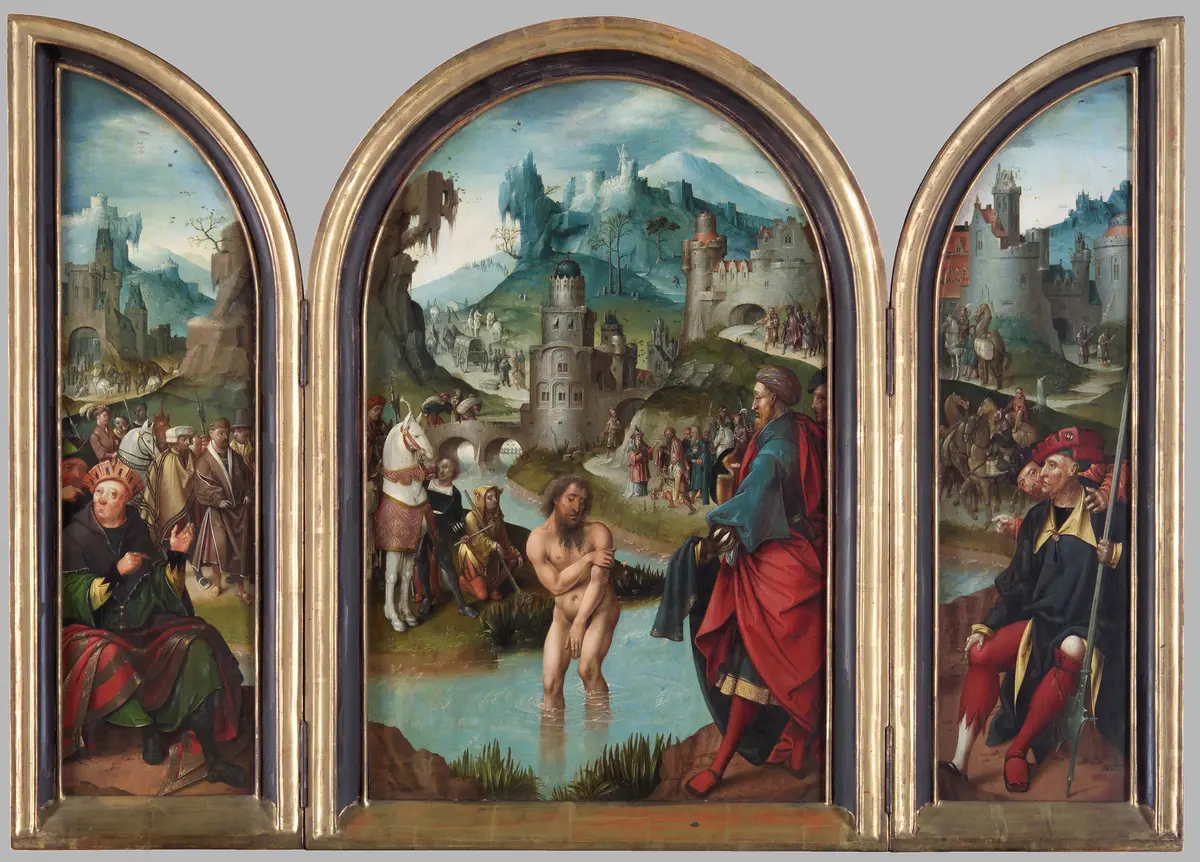 Flügelaltärchen (Flügel): Naam badet im Jordan; Seitenflügel: hll. Cosmas und Damian