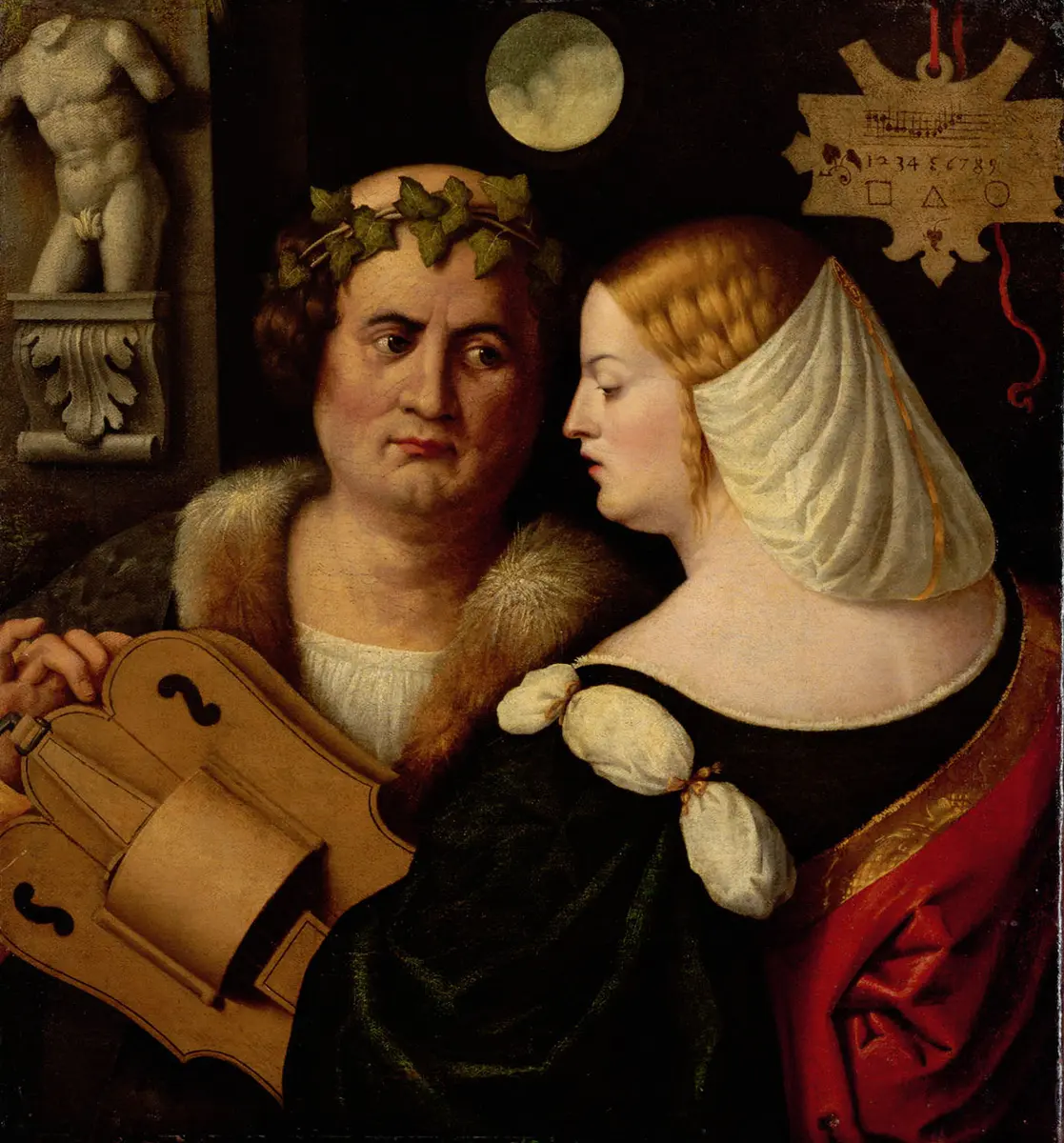 Drehleierspielender Dichter und junge Frau
