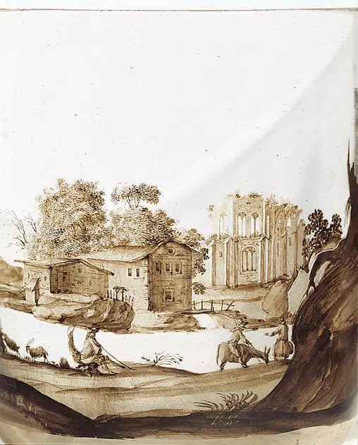 Deckelbecher mit Caritas und Ruinenlandschaft