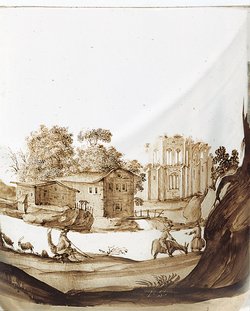 Deckelbecher mit Caritas und Ruinenlandschaft