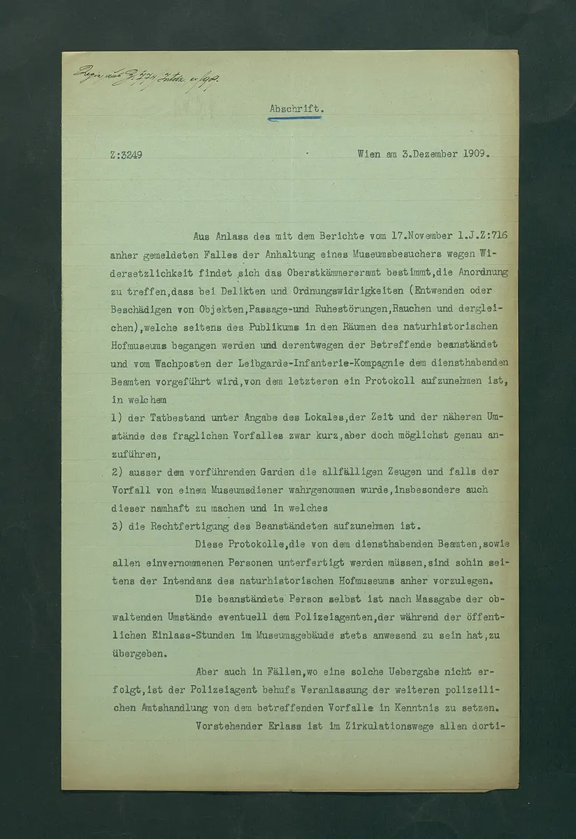 Verhalten bei Delikten und Ordnungswidrigkeiten im Naturhistorischen Museum (Abschrift)