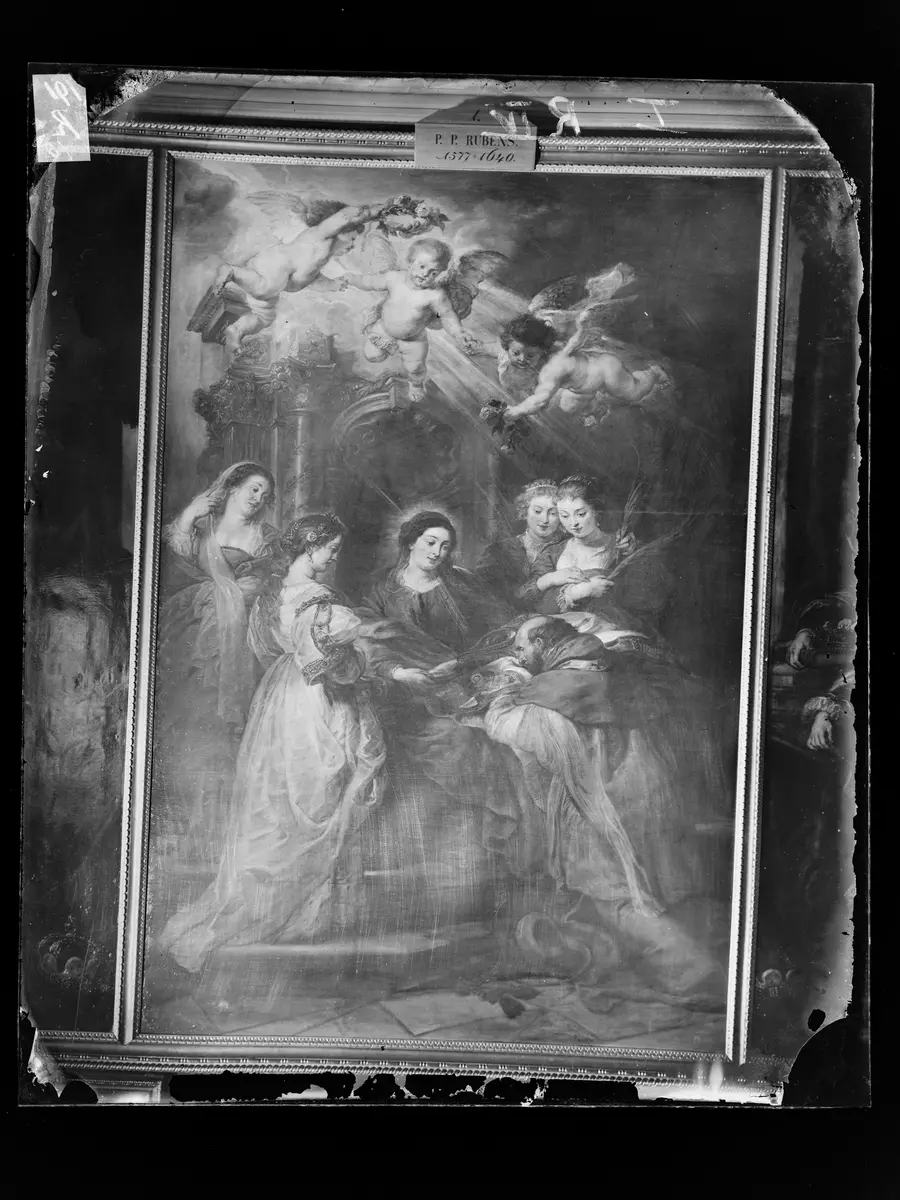 Ildefonso-Altar: Maria erscheint dem Hl. Ildefonso (Mittelteil), Erzherzog Albrecht der VII. (linker Innenflügel) bzw. Infantin Isabella Clara Eugenia (rechter Innenflügel), beide mit ihren Schutzpatronen