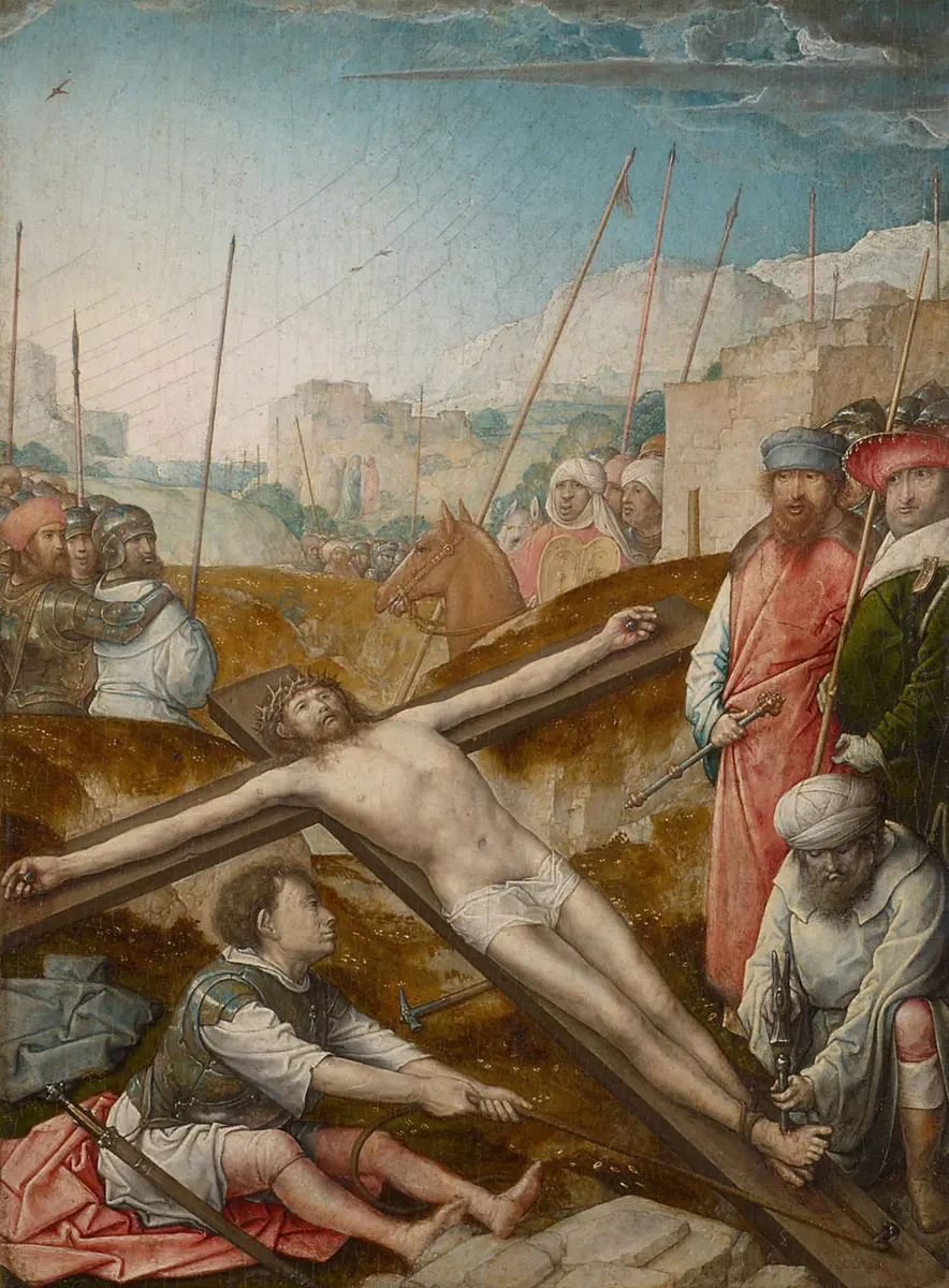 Christus wird ans Kreuz genagelt