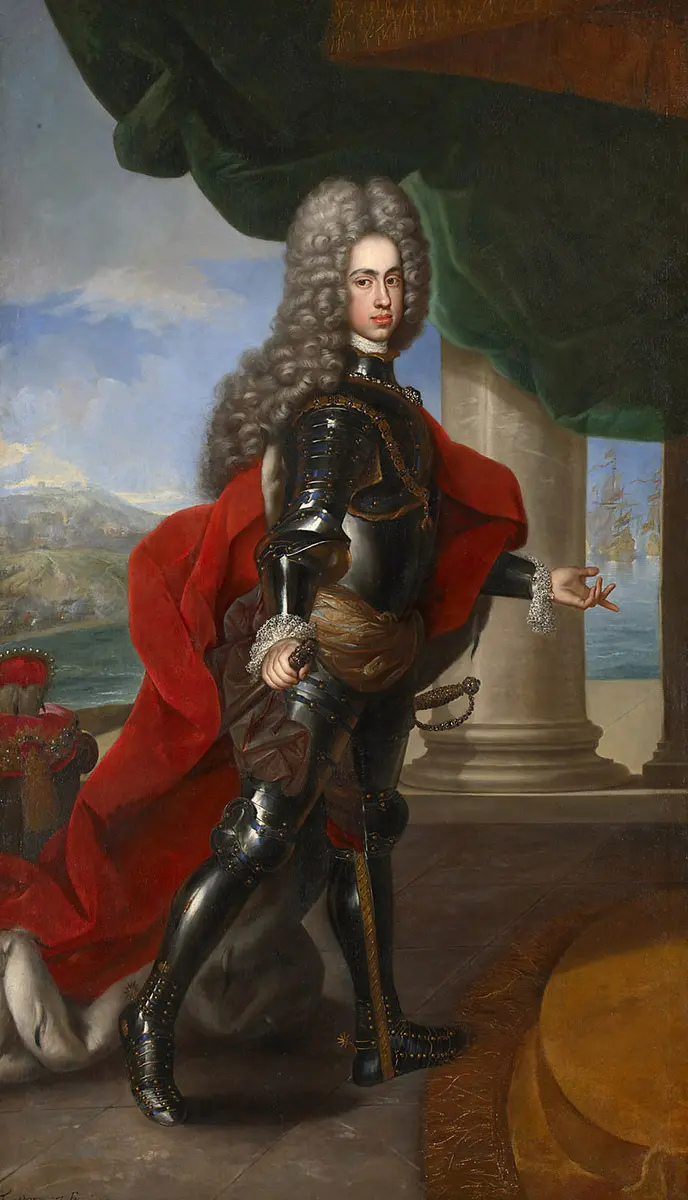 König Karl III. (VI.) von Spanien (1685-1740), im Hintergrund die Belagerung von Barcelona