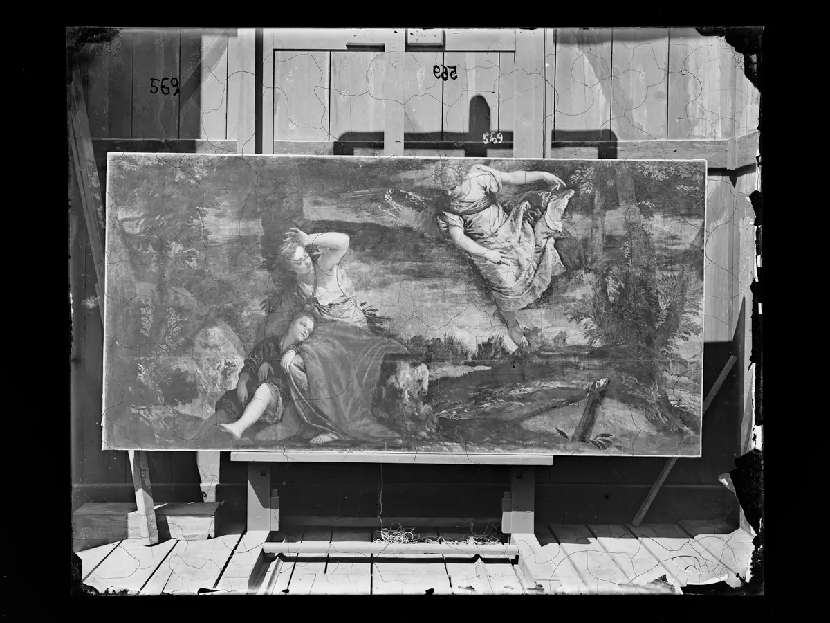 Paolo Caliari, gen. Veronese, Der Engel erscheint Hagar in der Wüste, um 1585, Photographie von Josef Löwy, 1888/1891, Maße der Glasplatte 23,8 × 29 cm, Kunsthistorisches Museum Wien, Gemäldegalerie, Inv.-Nr. GG 3673, Negativplatten-Nr. 1833 II 569.