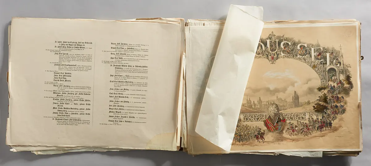 Caroussel zur Anwesenheit J.J.K.K. Majestäten in Prag. den 5 Juni 1854. - Sr.k.k.Hoheit dem durchlauchtigsten Herrn Erzherzog Leopold in tiefster Ehrfurcht gewidmet und herausgegeben von G. Franceschini, Costüm-Direktor der k.k.Hoftheater in Wien.