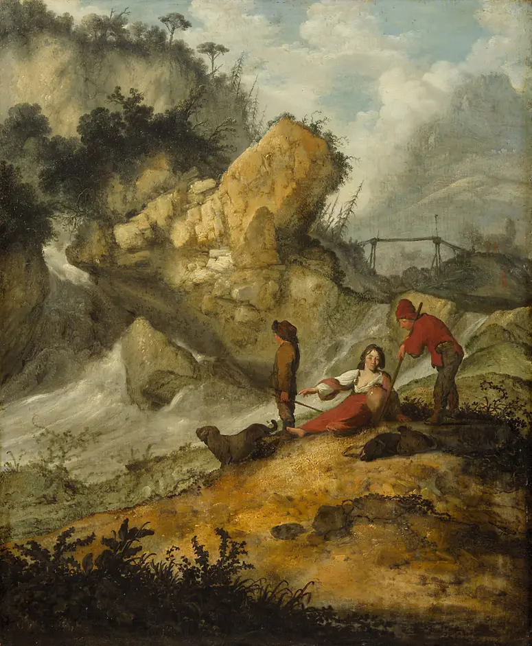 Felsige Landschaft mit Gießbach und Hirten