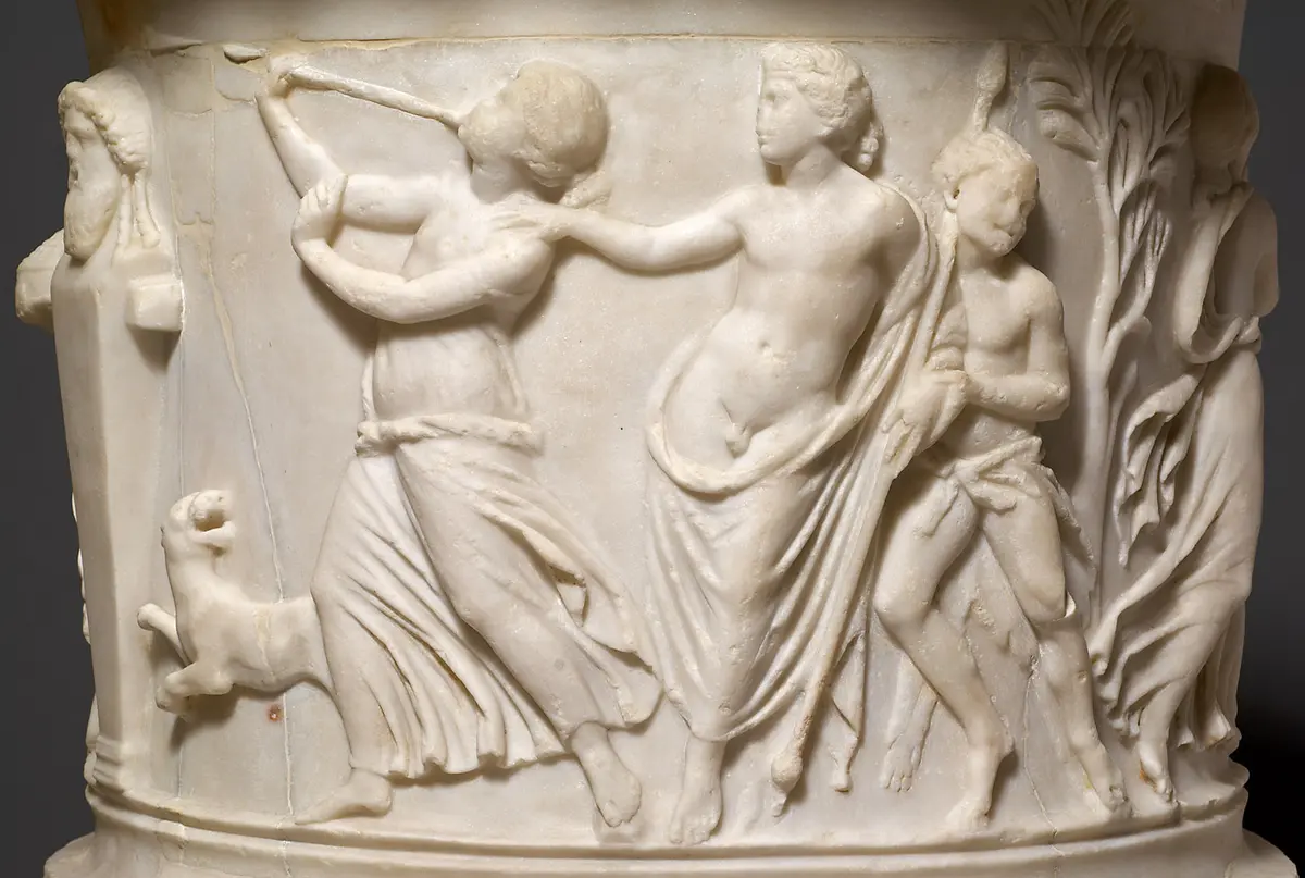 Reliefkrater: Dionysos, Satyrn und Mänaden