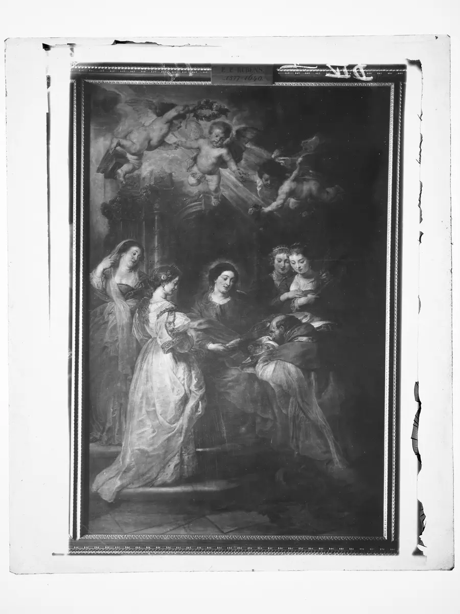 Ildefonso-Altar: Maria erscheint dem Hl. Ildefonso (Mittelteil), Erzherzog Albrecht der VII. (linker Innenflügel) bzw. Infantin Isabella Clara Eugenia (rechter Innenflügel), beide mit ihren Schutzpatronen