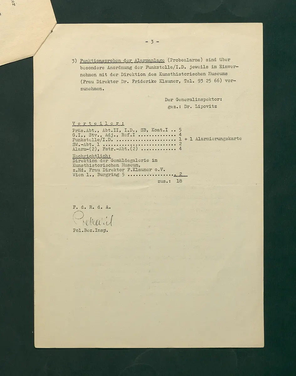 Alarmvorschrift für die Sicherheitswache betreffend Neue Galerie in der Stallburg