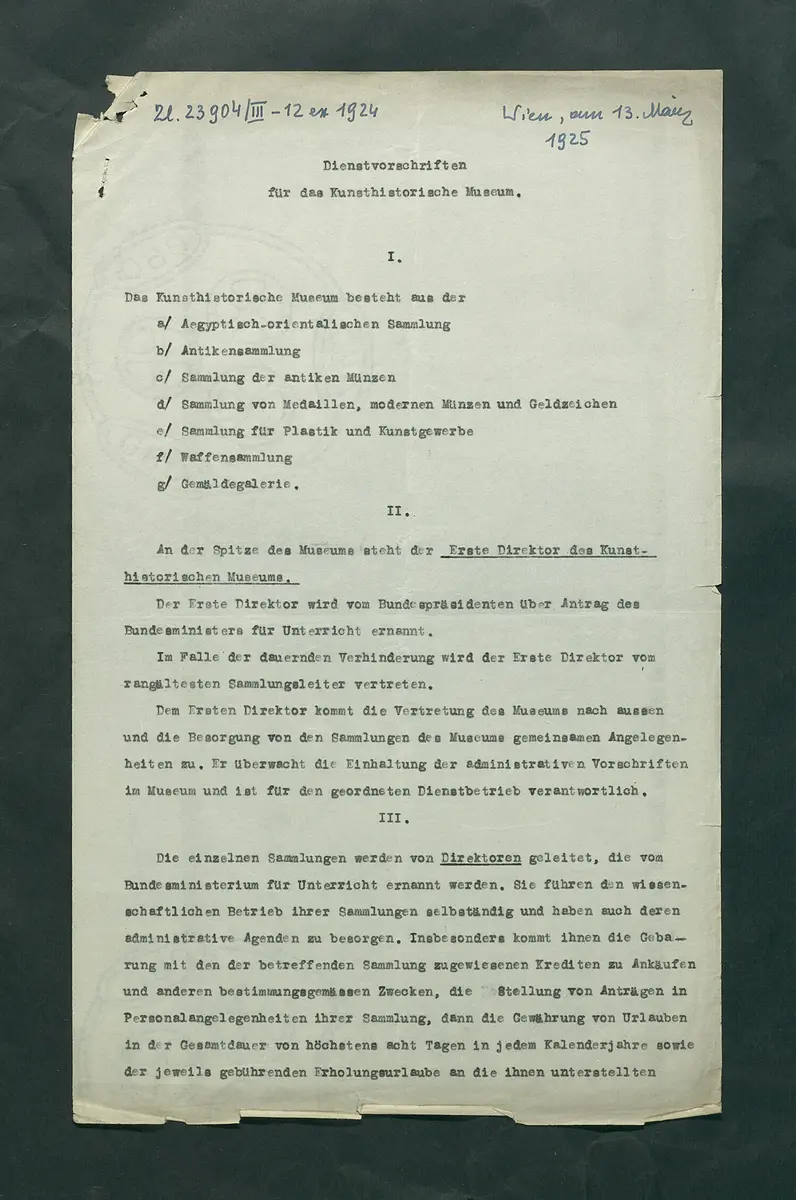 Dienstvorschriften für das Kunsthistorische Museum