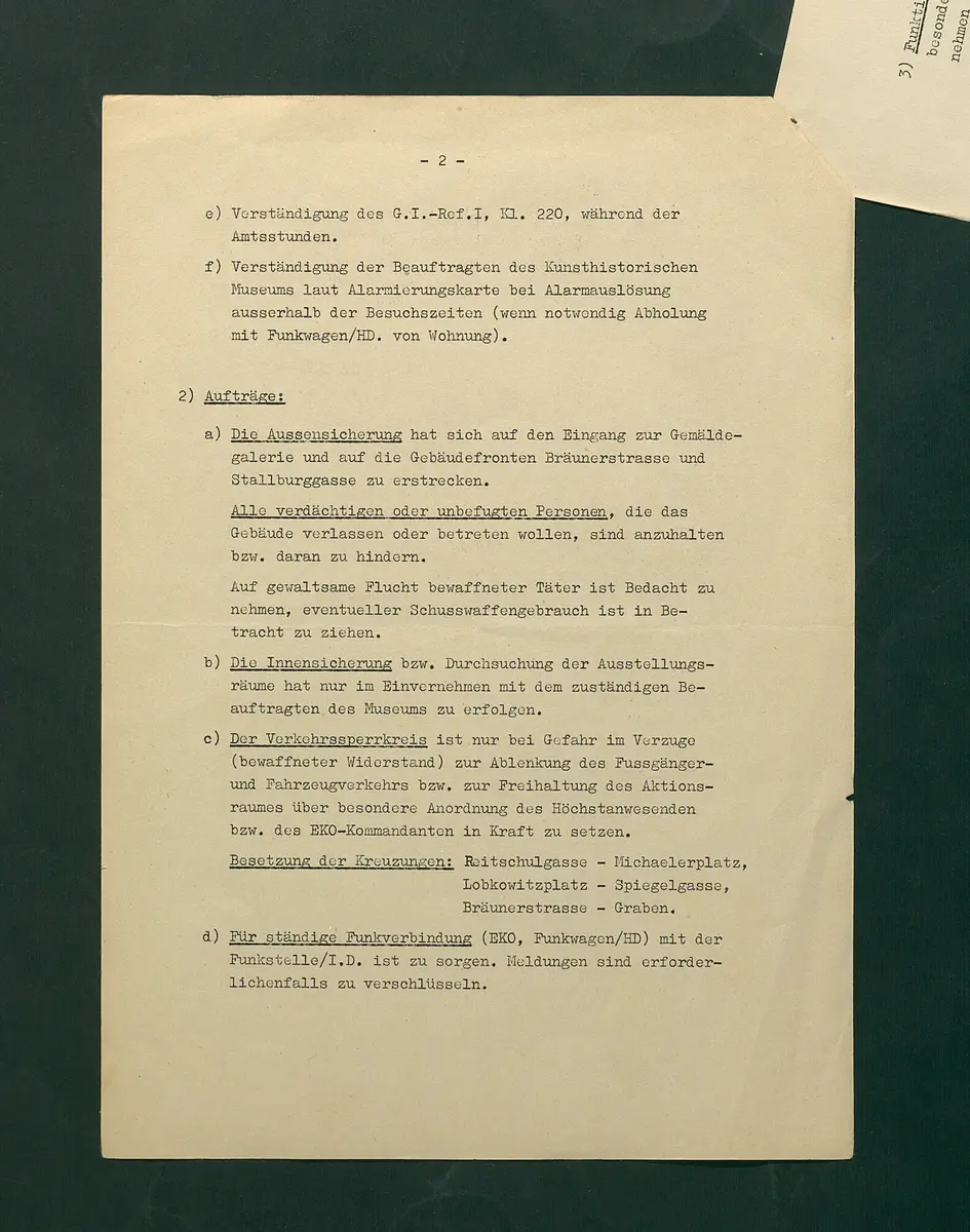 Alarmvorschrift für die Sicherheitswache betreffend Neue Galerie in der Stallburg