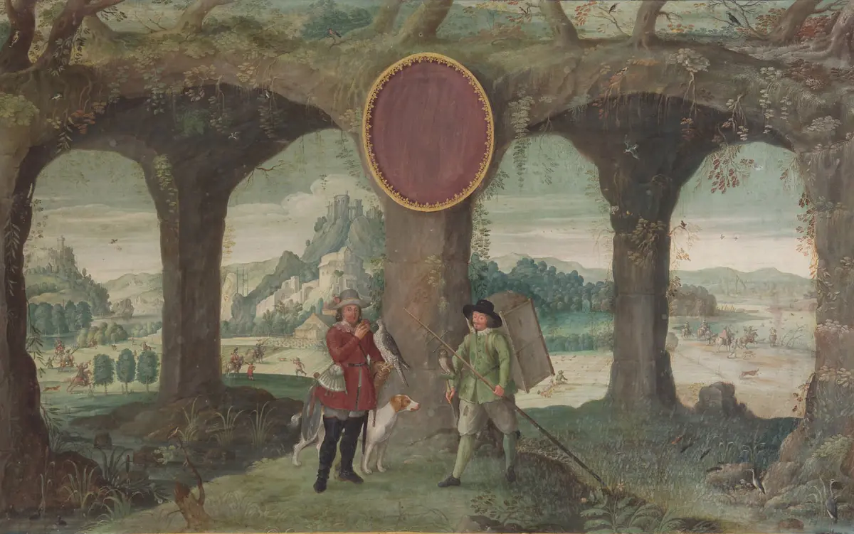 Jahreszeiten mit Jagddarstellungen: Frühling (Falkner mit Falkenbeize) und Sommer (Vogelsteller mit Vogelfang und Entenjagd)