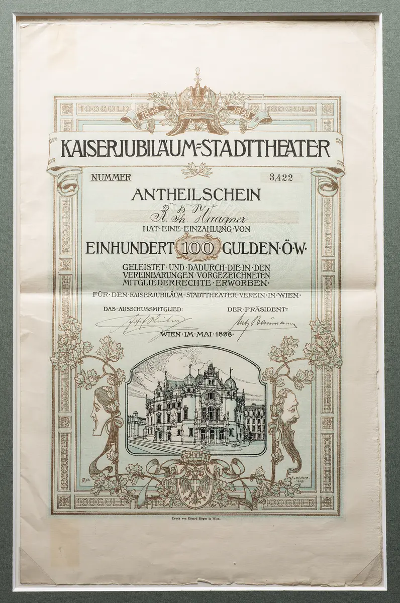 Habsburg: Kaiser Franz Joseph I. Anteilsschein des Kaiserjubiläum-Stadttheaters