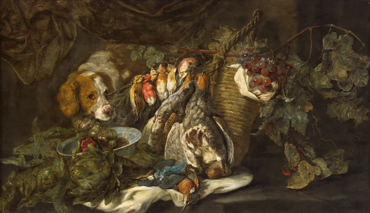 Früchte und Geflügel mit Jagdhund