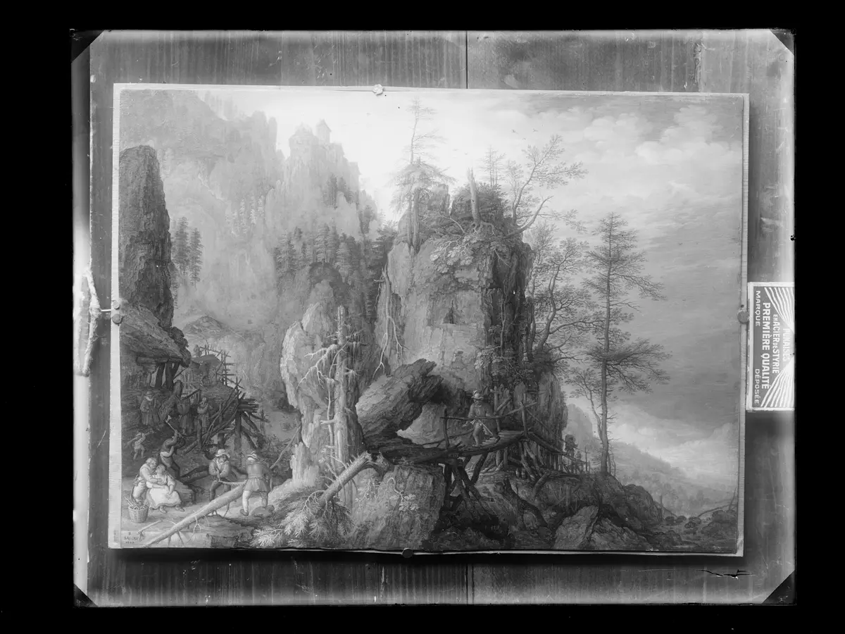 Gebirgslandschaft mit Holzfällern