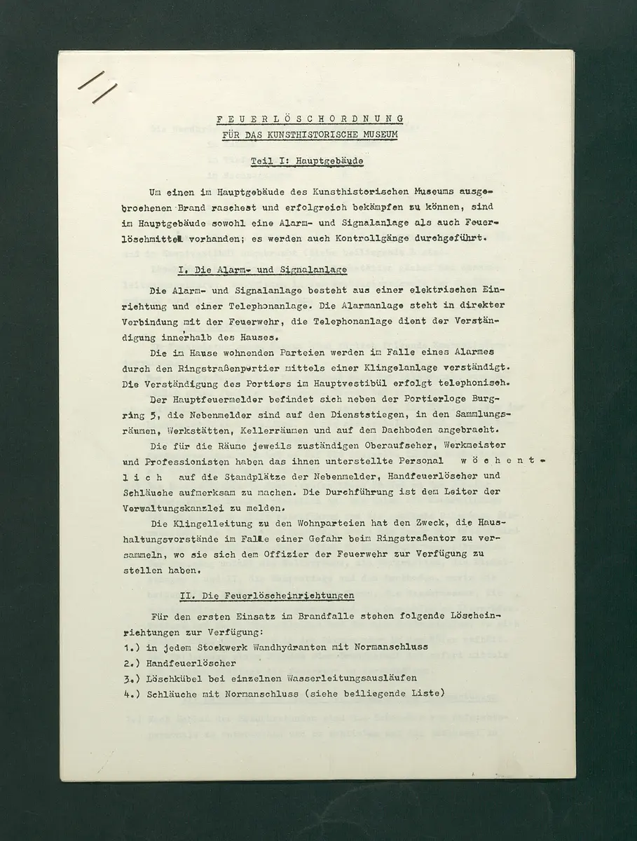 Feuerlöschordnung für das Kunsthistorische Museum, Teil I: Hauptgebäude
