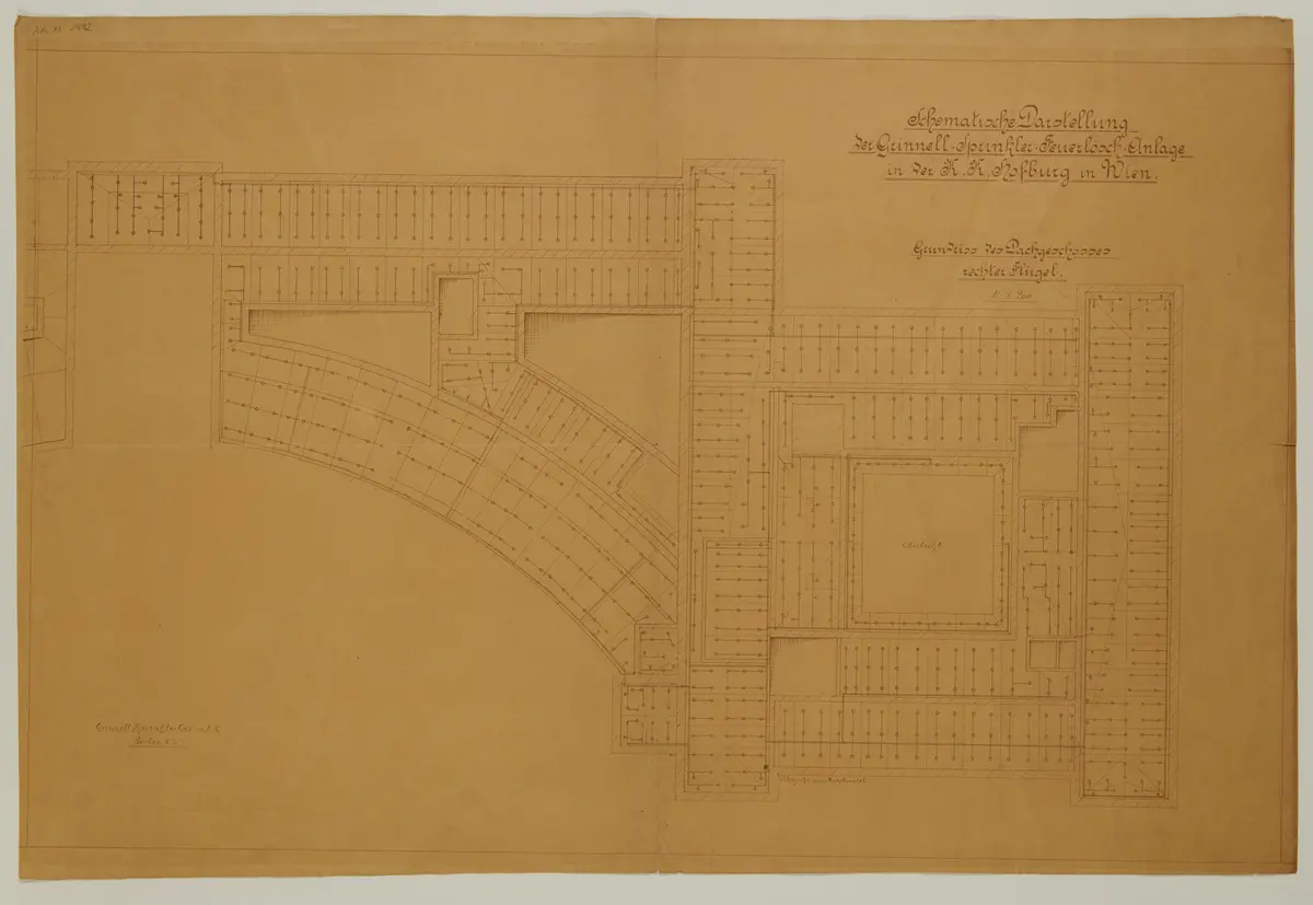 K. k. Hofburg. Dachgeschoss. Schematische Darstellung der Grinnell-Sprinkler-Feuerlösch-Anlage