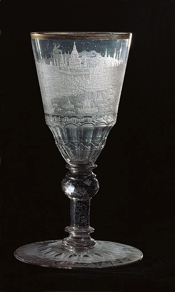 Pokal mit Ansicht der Stadt London und ihres Hafens