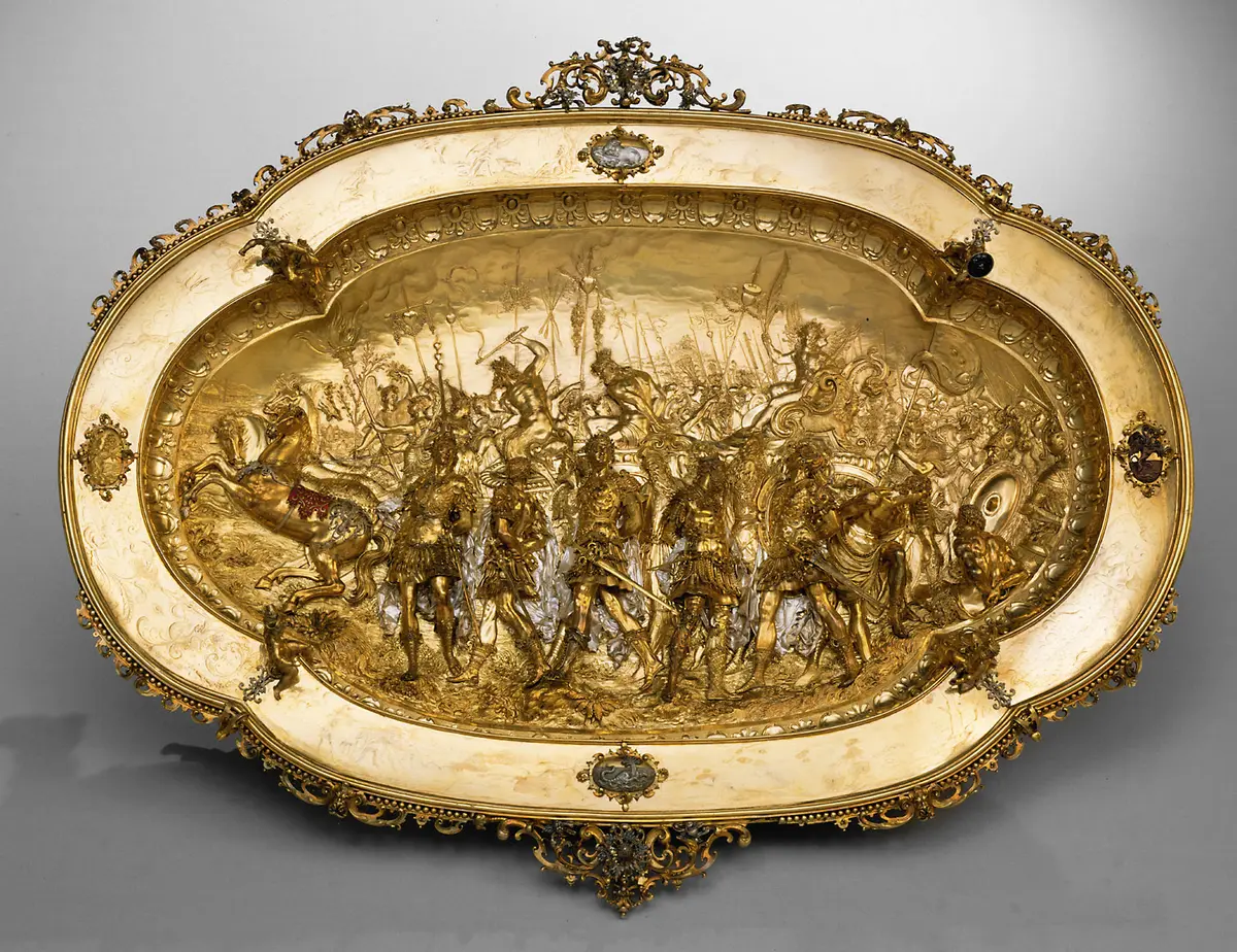 Prunkbecken mit Darstellung des Triumpfzuges von Amor; Becken der sogenannten Trionfi-Garnitur