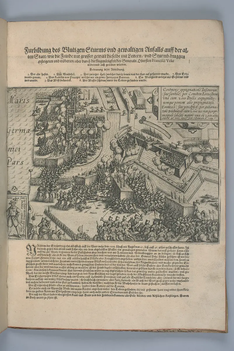 Belägerung der Statt Ostende : Journal: Tagregister und eigentliche beschreibung aller gedenckwurdigsten Sachen, handlungen und geschichten, so inner und ausserhalb der ... Statt Ostende in Flandern defensive bey den Belägerten, Offensive aber durch dem gewaltigen Läger des Ertzhertzogs Alberti zu Oosterreich sich zugetragen ... (Journal) oder eigentlich taglichs Register von alle ghedenckwürdigste Sachen /Gedruckt nach die glaubwirdigste Schriften aus Ostende zu Geschicht / 1604. (Band 1)