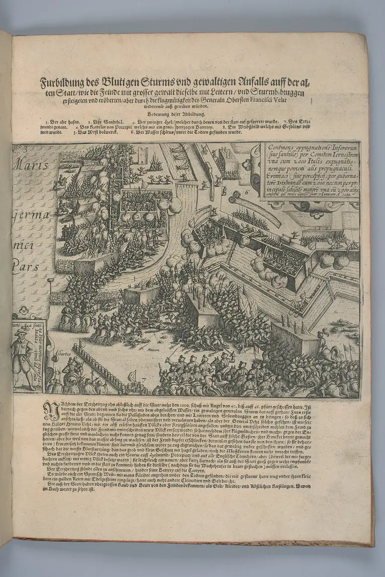 Belägerung der Statt Ostende : Journal: Tagregister und eigentliche beschreibung aller gedenckwurdigsten Sachen, handlungen und geschichten, so inner und ausserhalb der ... Statt Ostende in Flandern defensive bey den Belägerten, Offensive aber durch dem gewaltigen Läger des Ertzhertzogs Alberti zu Oosterreich sich zugetragen ... (Journal) oder eigentlich taglichs Register von alle ghedenckwürdigste Sachen /Gedruckt nach die glaubwirdigste Schriften aus Ostende zu Geschicht / 1604. (Band 1)
